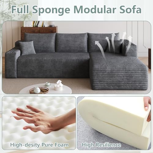 Image of 95 inch Modular Sectional Sofa, Modern Corduroy Cloud Couch with Side Pockets, Boneless Couch Upholstered 3-Seater L-Shaped Sofa for Living Room, No Assembly Required (Dark Gray,Right-Facing Chaise)