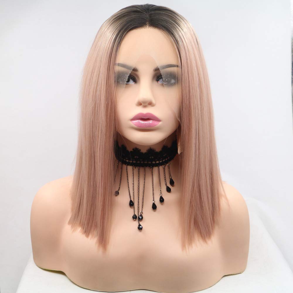 Xiweiya Short Wigs Rose Gold Straight Cut Bob Lace Front