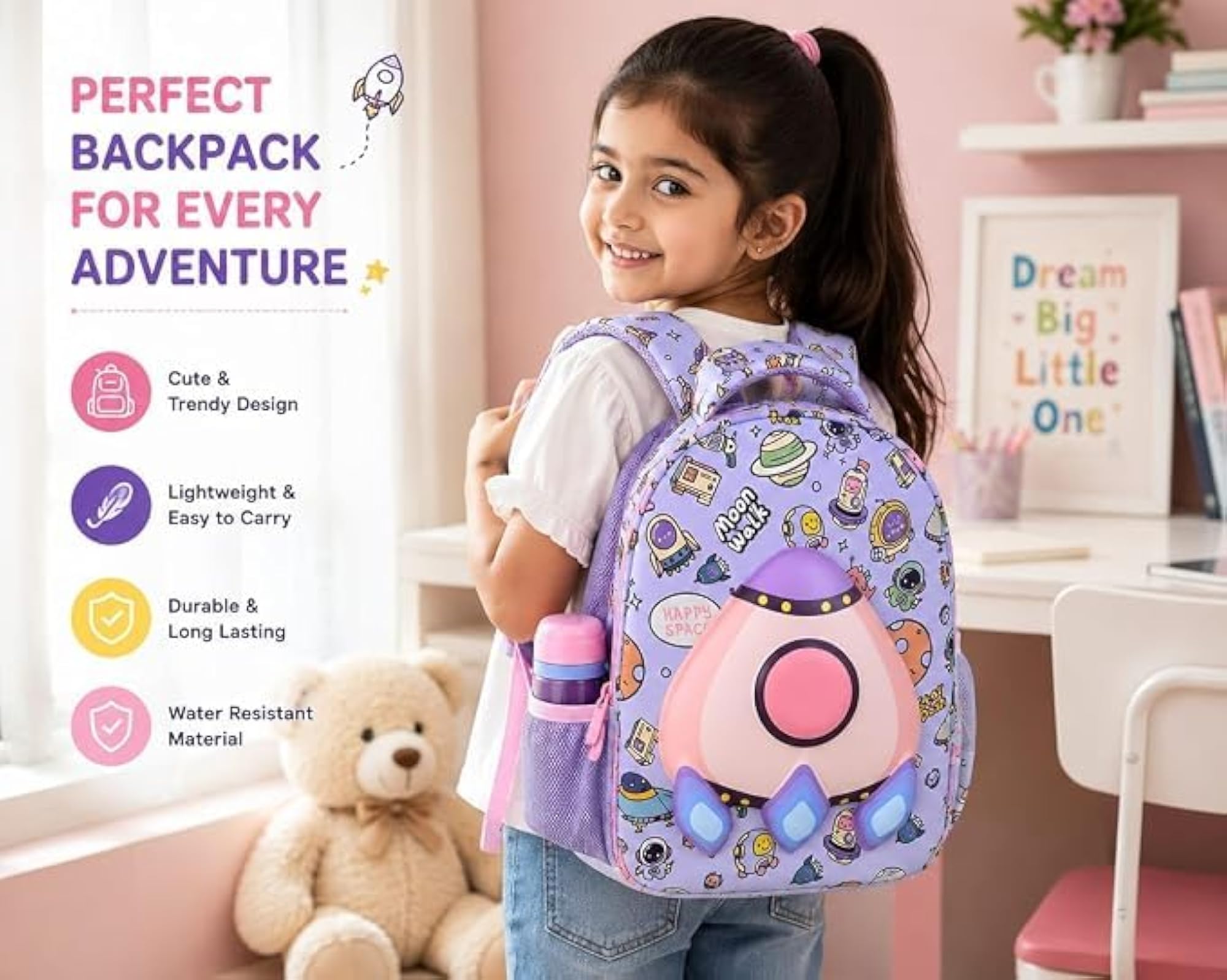 Cute Space Rocket Kids Backpack, Purple