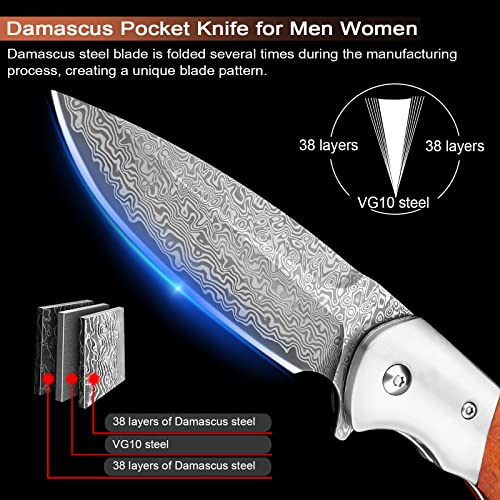 Komwero Damascus Pocket Knife With Clip For Men, Vg10 Damascus Steel Folding Knives, Edc Damascus Hunting Knife With Leather Sheath Wooden Handle For Camping Collection #TOP4