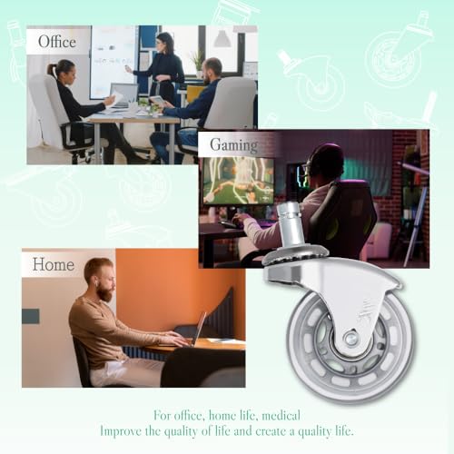 Office Chair Wheels Replacement- 2.5 Inch Heavy Duty Caster Wheels ft. Bend Bracket, Quick & Quiet Rolling Chair Casters (Set of 5), Desk Chair Wheels Universal Fit (Chrome Bracket/Grey/Clear) - Thumbnail 5