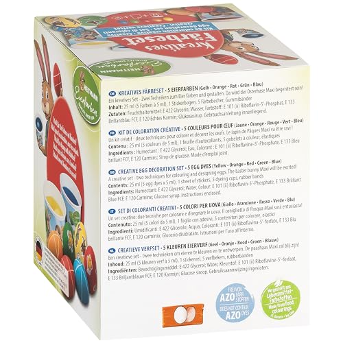 Heitmann Eierfarben - Muster-Färberei - 5 flüssige Eierfarben in Gelb, Pink, Grün, Violett und Blau + Schablonen