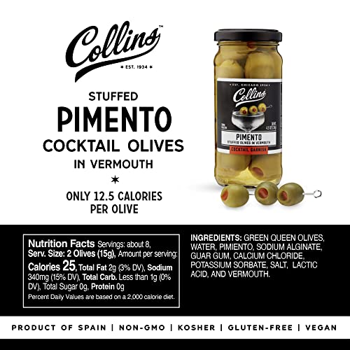 Collins Gourmet Vermouth Pimento Olives | Premium Garnish for Cocktails, Martinis, Drinks, Salads, Snack Trays, Charcuterie, and Cheese Spreads, 5oz