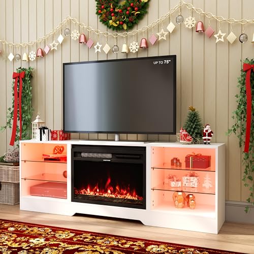 COCO DESIGN Fireplace TV Stand with 23" Fireplace, Electric Fireplace TV Console for TVs up to 75", LED Lights Wood and Glass Entertainment Center & Remote Control, White