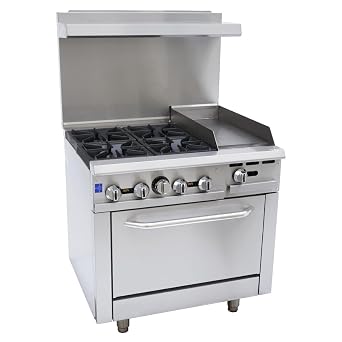 EMPURA 36" Freestanding Liquid Propane Range | Cooking Stove with Standard Oven 4 Cast-Iron Open Burners and 12" Right Side Griddle | 170,000 BTU | 36"W x 32-1/4"D x 60-3/8"H, Stainless Steel
