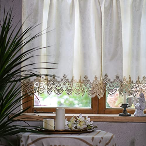 Sutavia Classical Lace Kitchen Curtain Set 2 Panels For Window Farmhouse Cafe Curtains Beige Fabric With Champagne Lace Rod Pocket Window Treatment Country For Kitchen Bedroom Living Room Bathroom  #TOP3