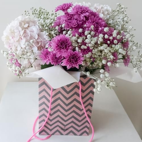 Image of Oasis Pack of 10 Holi Gift Bags For Flower Bouquet & Floral Hamper | Goodie Bags for Wedding Return Gifts, Birthday, Bridal & Baby Shower | 17cm X 18cm X 25 cm | Pink & Grey