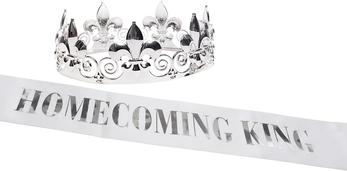 Anderson's Homecoming King Crown & Sash Set, 2.25" Silver Fleur-de-Lis Crown & 3" x 72" White Sash with Silver Metallic Lettering for Homecoming Coronation & Formal Events, 2 Piece Set