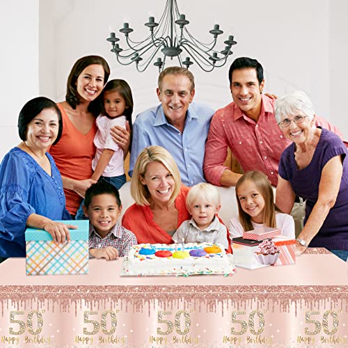 Excelloon 3 Pack 50th Birthday Tablecloth Decorations, Pink Rose Gold Happy Birthday Table Cover, Plastic Disposable Rectangular Table Cloth Decor