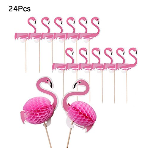 Errollina 24 PCS 3D Flamingo Cupcake Toppers Cake Decorations Cocktail Tropical Wedding Birthday Hawaii Luau Beach Party Food Drink Picks（Pink）