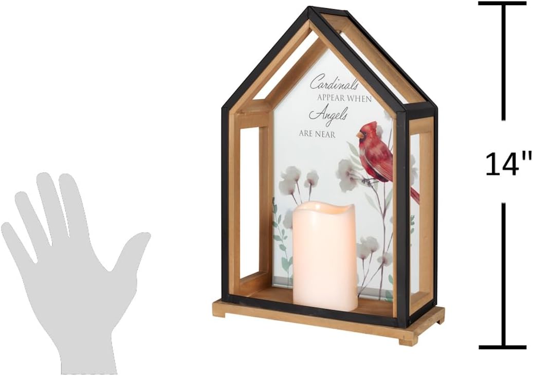 Carson 14"" ""Angels are Near"" Memorial Lantern - Cardinal Flameless Candle Lantern Sympathy Gift for Funeral, White, Brown, Black