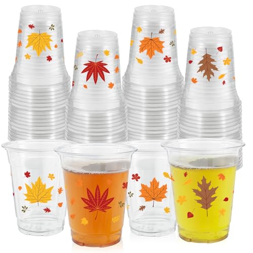 ABURRORI 50 Pcs 12OZ Fall Plastic Cups, Thanksgiving Party Decorations Autumn Maple Leaf Cups Juice Soda Beverage Party Favors for Fall Themed Birthday Supplies