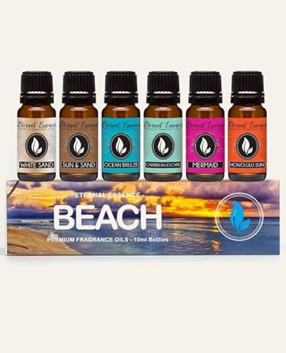 Eternal Essence Oils Beach Set of 6 Premium Fragrance Oils - Includes White Sand, Ocean Breeze, Honolulu Sun, Mermaid, Caribbean Escape, and Sun & Sand Scented Oils - 10ML