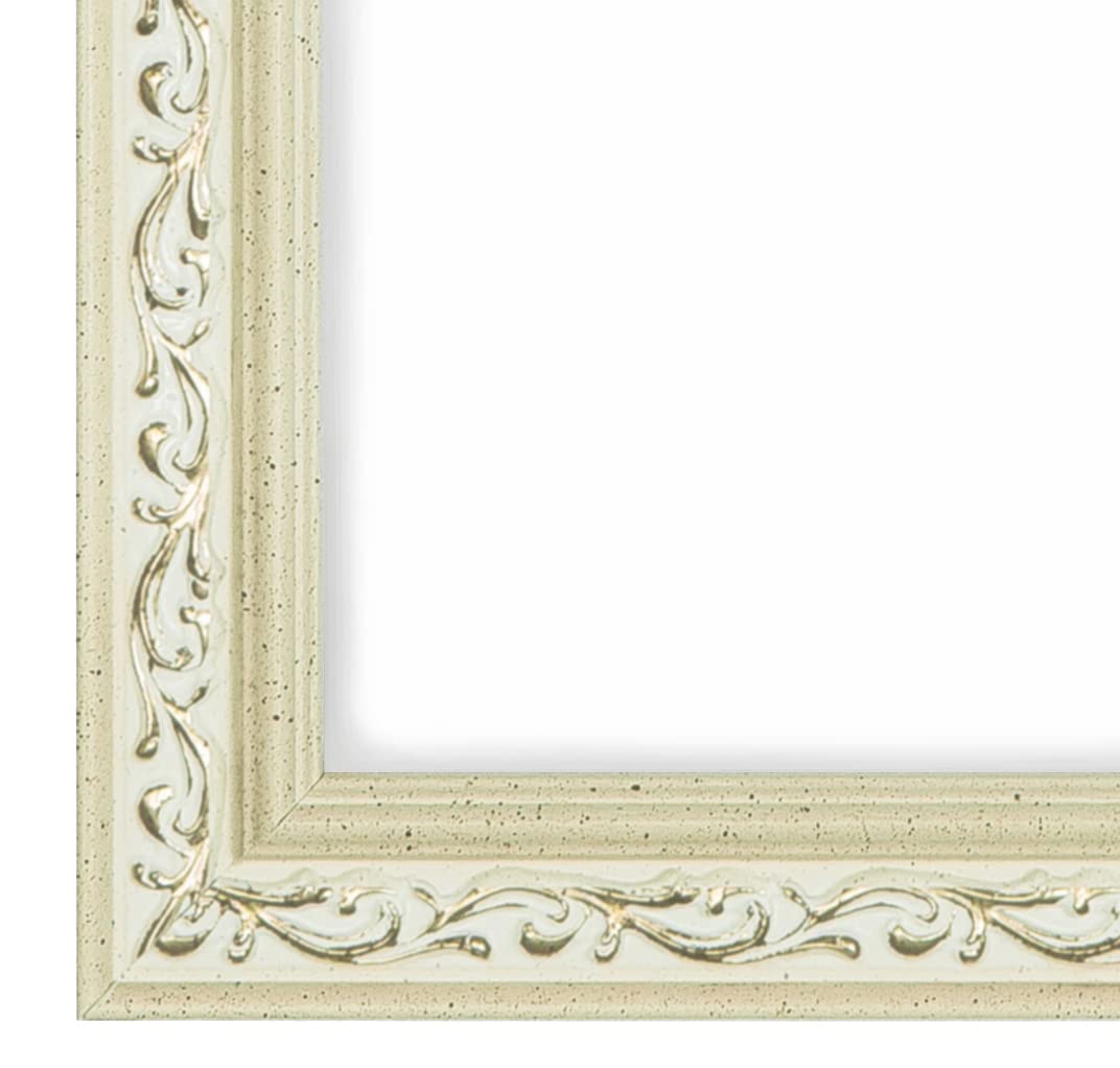 Duisburger-Rahmen24 Massiv Holz Bilderrahmen Vintage Retro 60 x 90 cm in Creme-Weiß Gold | inkl. bruchsicherer Anti-Reflex Kunstglasscheibe | Rahmen für Poster | Puzzle | Foto collage DR092