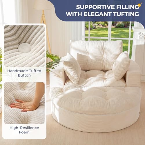 Image of MAXYOYO Modular Sectional Chaise Lounge Sofa, Round Upholstered Lounge Chair with Ottoman, Comfy Couch with Layered Cushion, Tufted Sleeper Chair for Living Room, No Assembly, Beige