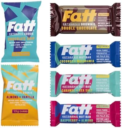 NEW SELECTION - Fatt Keto Taster Pack - Bars, Cookies, Brownie - 6 Products - From 1.5g Carbs - 100% Natural Ketogenic Snacks - Low Carb, Low Sugar, High Prebiotic Fibre & Sweetener Free - FattBar