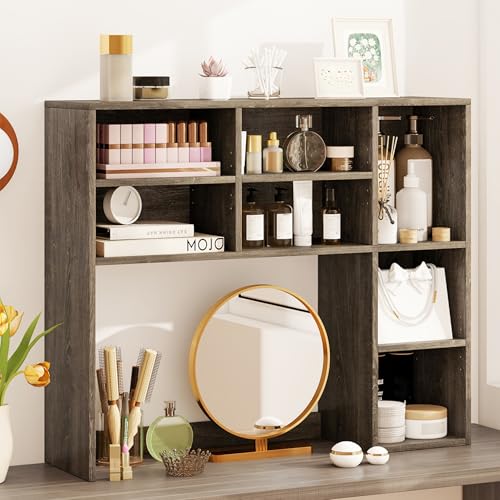 Image of Tangkula Desktop Bookshelf, 37 inch Countertop Storage Hutch with 7 Cubes & 3 Adjustable Shelves, 3-Tier Desk Display Rack Organizer, Multipurpose Wood Desktop Hutch for Dorm Home Office (Grey)