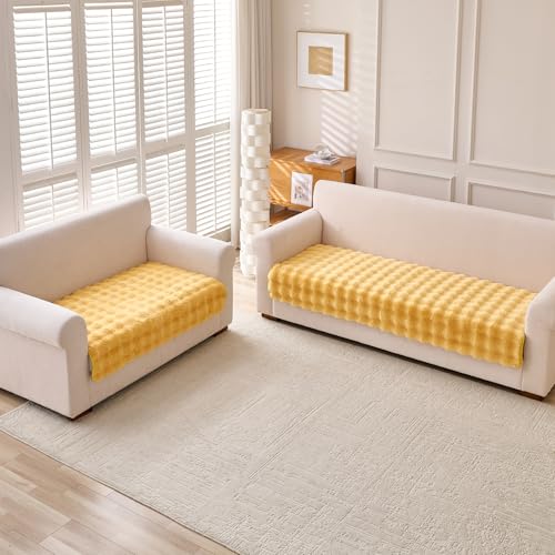 Image of HOKIPO 'FurHug' Luxury Faux Rabbit Fur 3+2 Seater Sofa Mat, Honey Yellow (AR-5013-5)
