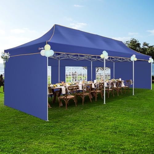 Image of HOTEEL 10x30 Heavy Duty Pop Up Canopy Tent with 5 Sidewalls&Wheeled Bag, Commercial Event Party Tent Wedding Instant Canopy Waterproof, Upgraded Thicked Hexagonal Legs, UV 50+, Deep Blue