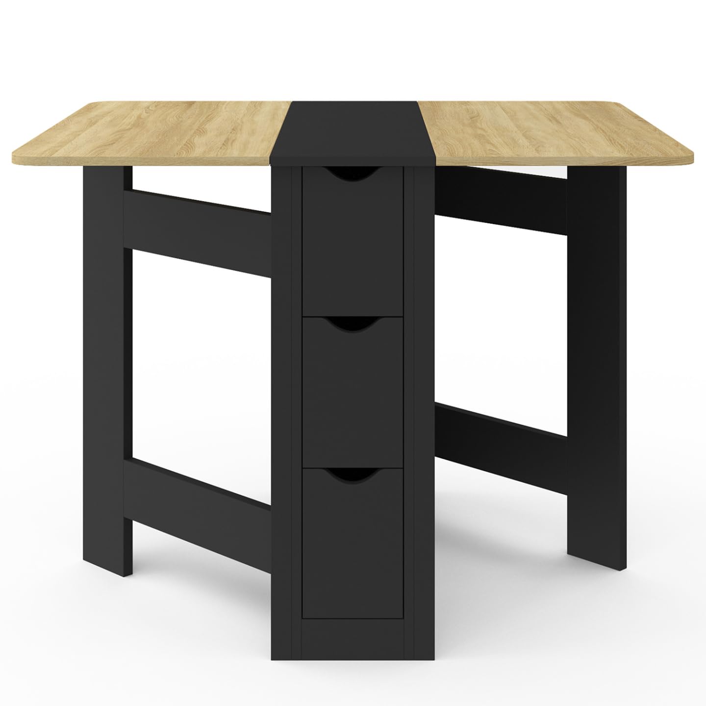 IDMarket - Table Console Pliable EDI 2-4 Personnes 103 x 76 cm | Avec plateau façon hêtre et 3 tiroirs noirs
