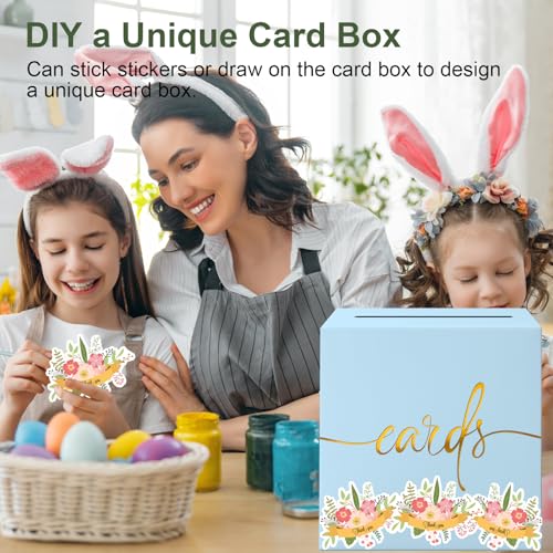 Image of 2 Pack Light Blue Card Box with Gold Foil Design, Paperboard 8.7 inch Card Box for Birthday Wedding Party Graduation Retirement Anniversary Valentine's Day & Baby Showers, Raffle or Money Box