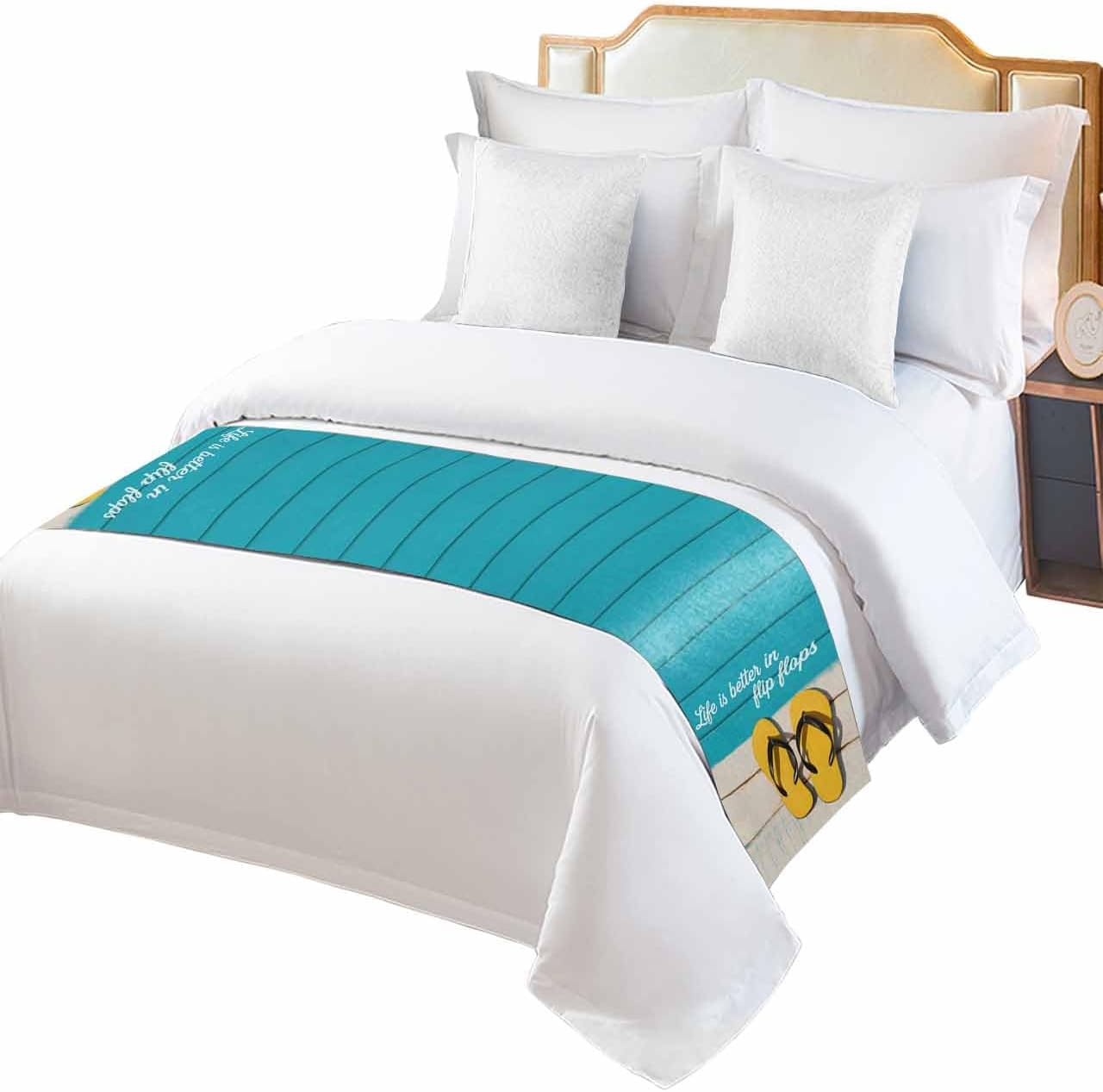 Smile Sunflower Bed Runner Scarf Beach Summer Teal Wooden Grain Bedding Scarf Decorative Bed Runners Cover for Home Bedroom Hotel Wedding Room Bed Scarf for Foot of Bed King 102x20in