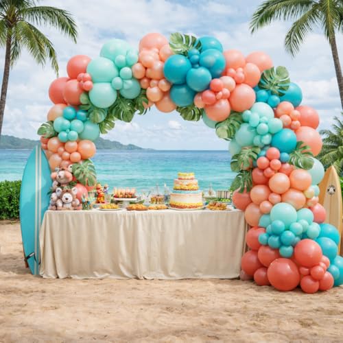 Image of Hawaiian Tropical Balloon Garland Arch Kit,Coral Beach Birthday Decorations | Pearl Aqua Blue Teal Blue Coral Blush Pink Pearl Champagne Gold Balloons for Summer Pool Luau Magic Theme Party Decor
