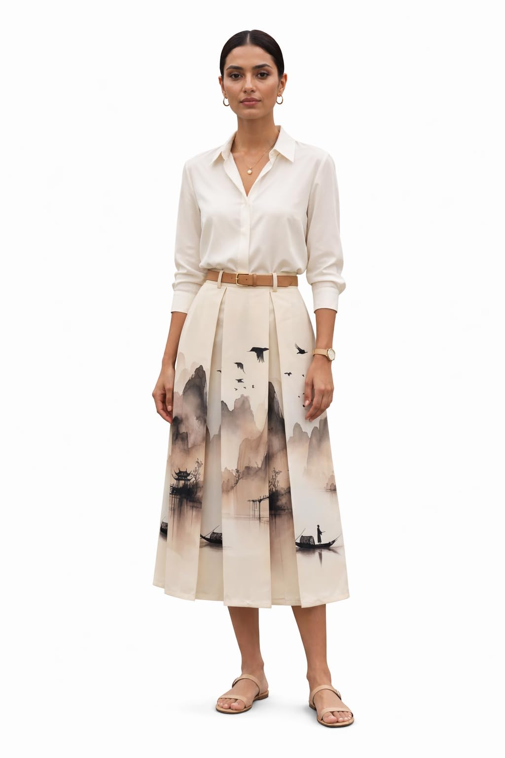 aask Women Green BeigeColor Printed Flared Pleated Midi Skirt. 100% Pure Cotton, Breathable, and Perfect for Summer Office or Casual wear-picture-24
