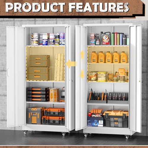 Image of INTERGREAT Metal Garage Storage Cabinet with Wheels, Rolling Storage Cabinet with Locking Doors and 4 Adjustable Shelves,- 73 inch Steel Tool Cabinet for Home Office,Garage,Warehouse,White