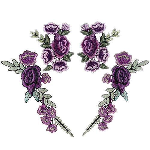 4pcs Purple Rose Embroidery Embroidered Flower Paste Garment Sewing Hand DIY Trim Accessories(Color D)