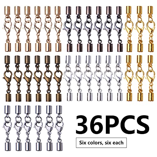 Bronagrand Lobster Claw Clasps With Cord Ends, 36Pcs Alloy Leather Cord Ends Lobster Claw Clasp Cord Necklace End Caps For Diy Bracelets Necklaces Chokers Jewelry Making, 6 Colors #TOP1
