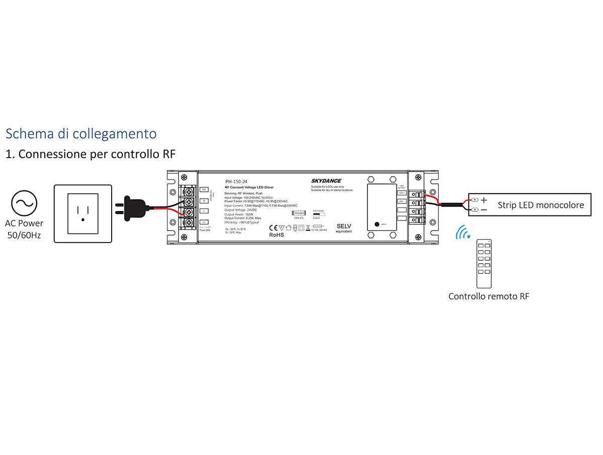 Transformador de alimentación regulable 24V 150W con botón N.O. Push Dimmer – Compatible con control remoto RF 2.4G (no incluido), para tira de LED 24V, Skydance PB-150-24