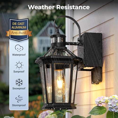 Image of Gleamz Porch Lights with GFCI Outlet, Black Motion Sensor Wall Light