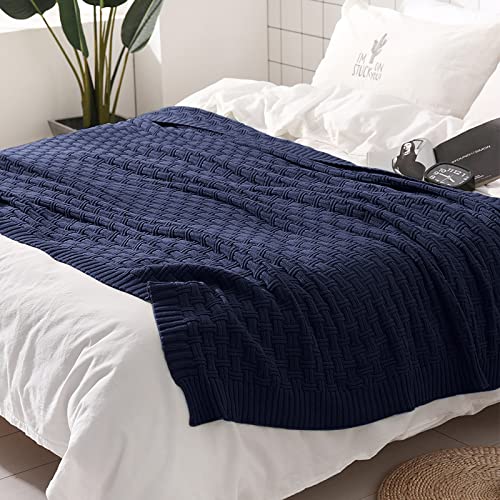 Image of TREELY 100% Cotton Knitted Throw Blanket 0 x 80 Inches, Navy Blue