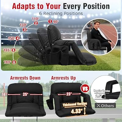 Suteck Wide Stadium Seats with Back Support 2 Pack, Portable Sofa Style Bleacher Chair with Back and Cushion, Armrest, 6 Reclining Positions Backpack Stadium Chair for Sports Events