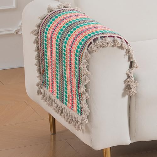 Image of HOKIPO 'Artisan Boho Series' 450 GSM Sofa Arm Cover | Cotton Acrylic Jacquard Fabric Armrest Cover with Tassel, 50x70 cm, 1 Pair, Mint Green (IN-899-A7*2SC)