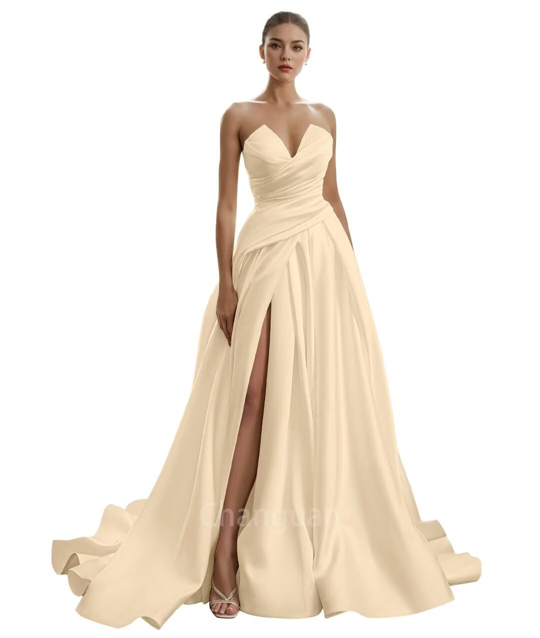 Changuan Strapless Satin Prom Dresses for Women 2025 Ruched Wedding Dress Long Ball Gown A-line Formal Gowns with