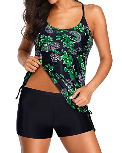 Yonique Tankini-Badeanzüge für Damen mit Shorts, Kordelzug, Badeanzüge, zweiteiliger Blumendruck, Bademode, Grünes Paisley, Medium Cover