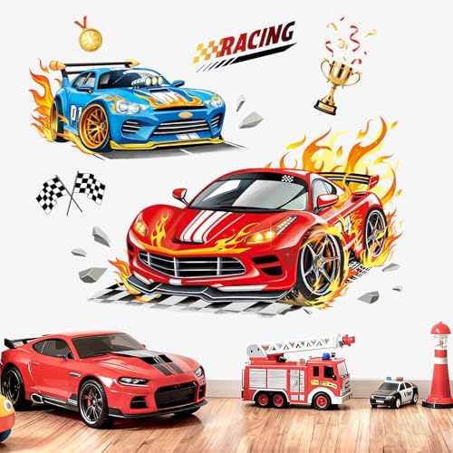 decalmile 3D Racing Car Wall Decals Red Blue Sports Car Trophies Flags Wall Stickers Boys Room Kids Bedroom Playroom Home Decor