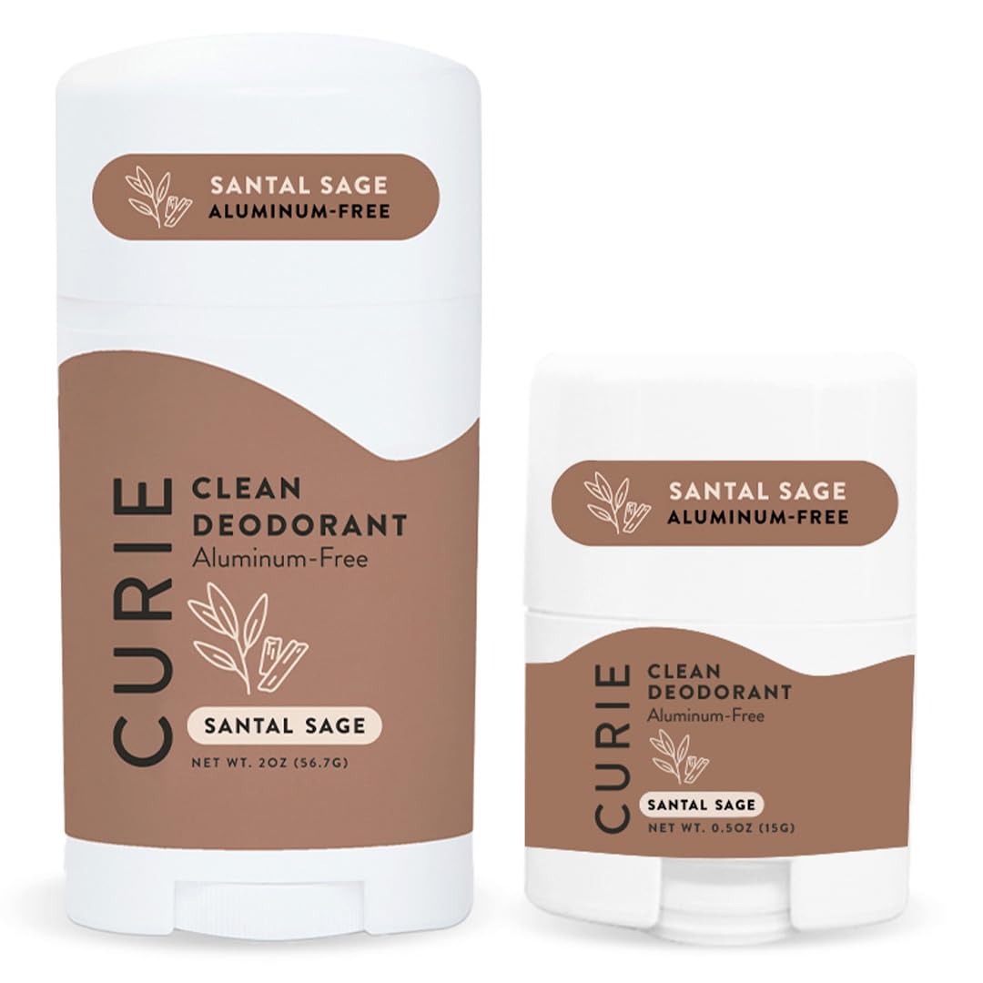 Curie Natural Deodorant Aluminum Free - Santal Sage Stick & Mini - Travel Size Deodorant for Women - Non Toxic, Paraben Free, Clean, Vegan (2 Pack)