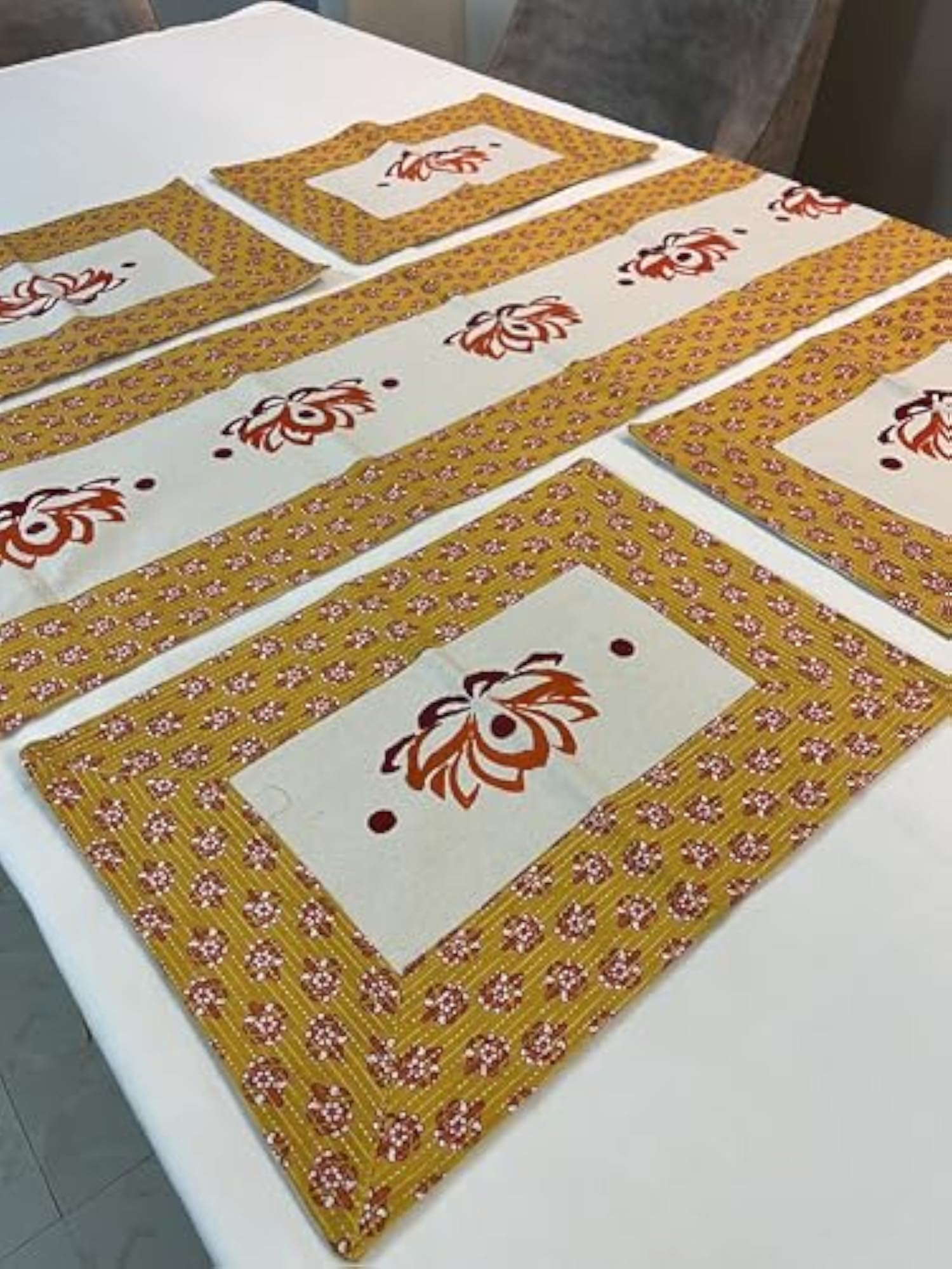 Handpainted Set of 6 Dining Mats with Runner, Orange
