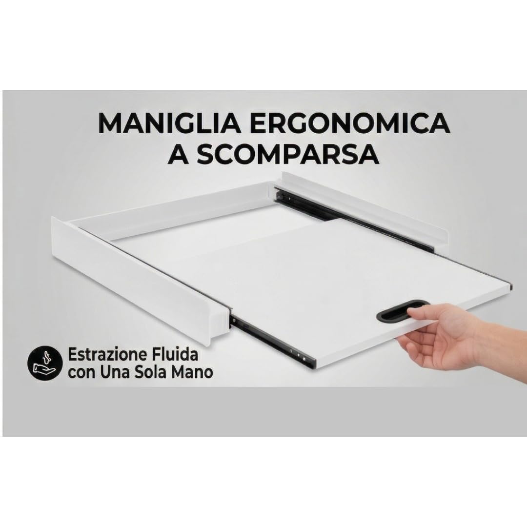 Ripiano Estraibile per Lavatrice e Asciugatrice 60x60 cm – Supporto Intermedio Salvaspazio con Binari in Alluminio, Piedini Antivibrazione, Cinghia di Sicurezza – Piano Piegabiancheria Robusto