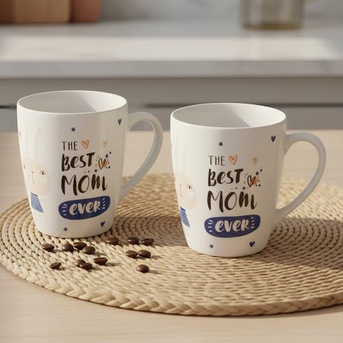 Image of U.P.C. UPC Milk Mug Set of 2 | The Best Mom Ever Printed Cup | Birthday Gift for Mom | White Blue Gold | Dishwasher Safe