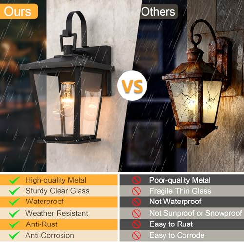 Image of Kalium Outdoor Wall Lantern 2 Pack, Waterproof Exterior Wall Mount Light with Clear Glass in Black Finish, Porch Outside Lighting for Entryway, Backyard, Patio, E26 Base, Clear Glass 12.5 in