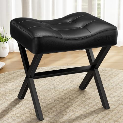 Image of Memobarco 18-Inch Large Leather Vanity Stool, Vanity Chair with Metal X-Leg, Ottoman Accent Stool with Thick Padded Saddle Seat, Black