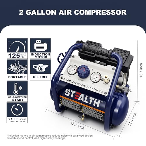 Stealth Air Compressor 2 Gallon, 3/4 HP Oil-Free Compressor, Less than 60dB Ultra Quiet Electric Air Compressor,Max 125 PSI Pressure for Tire Inflation,Nailing,Home DIY Project(SAQ-1234)