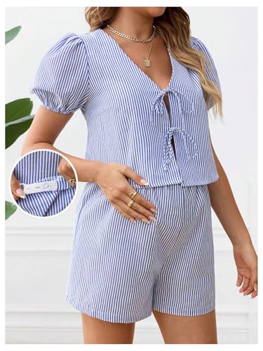 Image of MakeMeChic Women's Maternity 2 Piece Short Set Summer Striped V Neck Tie Puff Sleeve Shirt and Shorts Pajama Sets