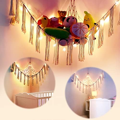 AVITORO Stuffed Animal Net or Hammock with LED Light, Hanging Corner Net for Stuffed Animals Storage, Hammock Holder with Hooks, Toy Organizer for Bedroom Nursery Crib Kindergarten