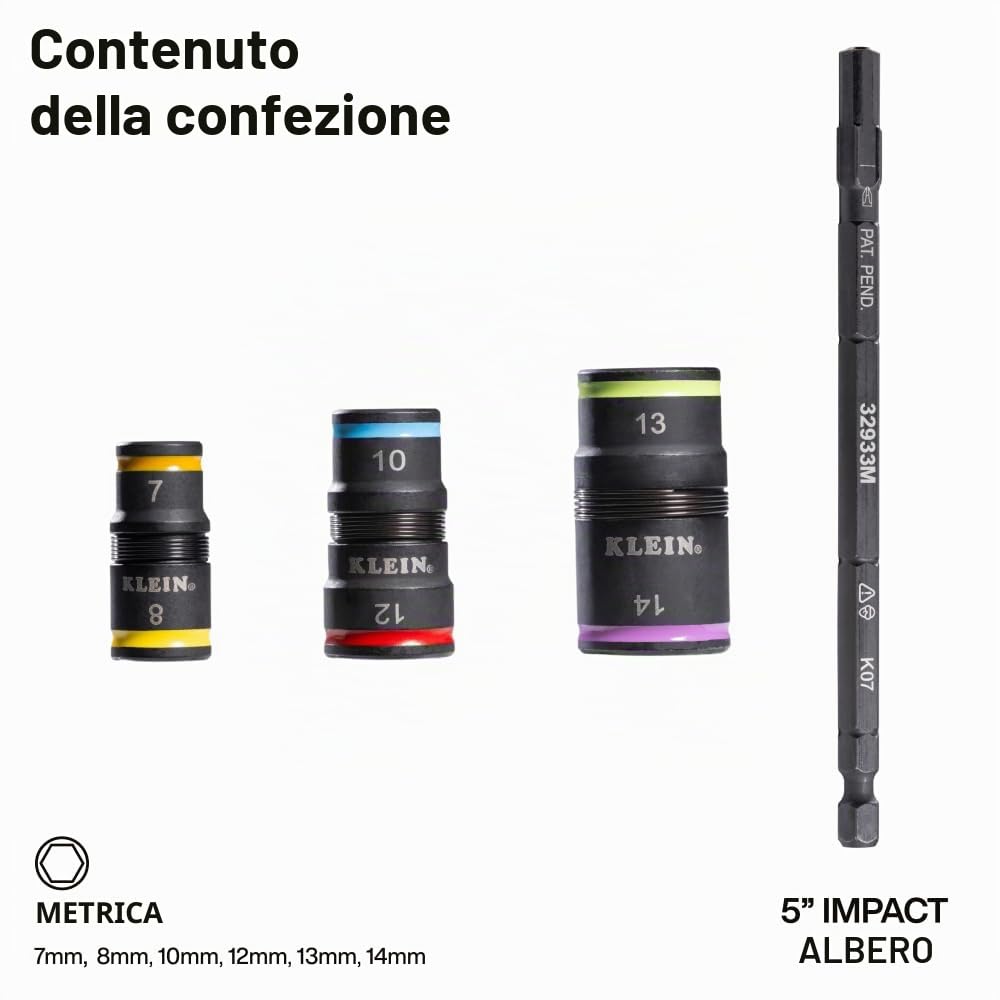 Klein Tools 32933M | Set di bussole impact 6 in 1 metriche | Misure 7 8 10 12 13 14 mm | Utensile professionale per avvitatori a impulsi