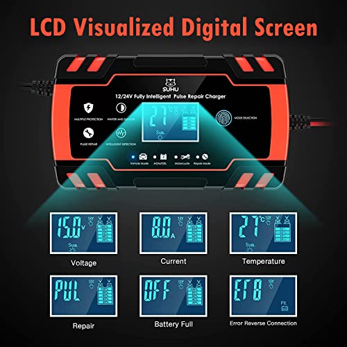 Car Battery Charger, 24V/12V Battery Charger Automotive, 8Amp Lcd Display Trickle Charger For Car Battery, Fully-Automatic Battery Charger For Lead-Acid Batteries #TOP4